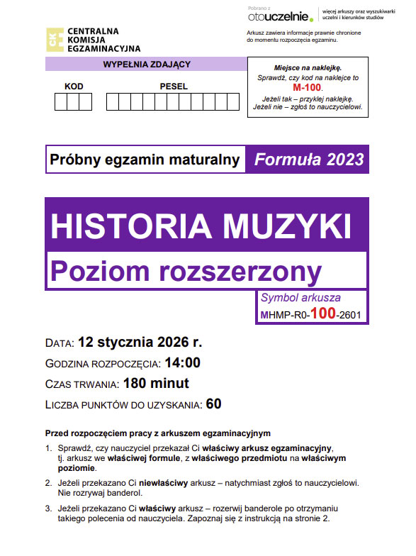 Jak wygląda arkusz maturalny z historii muzyki